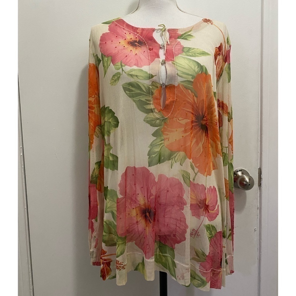 Tommy Bahamas 100% Silk Beaded Floral Tunic Blouse